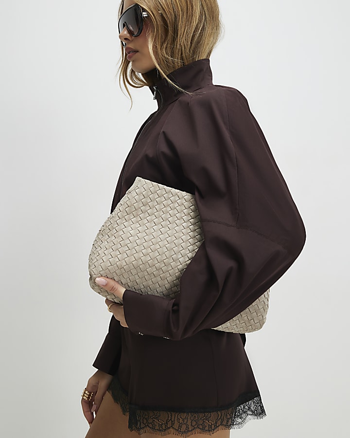 Brown Zip Front Cropped Shacket