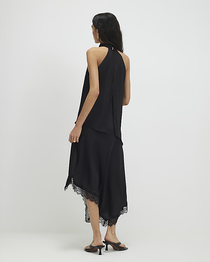 Black Lace Trim Asymmetric Dress