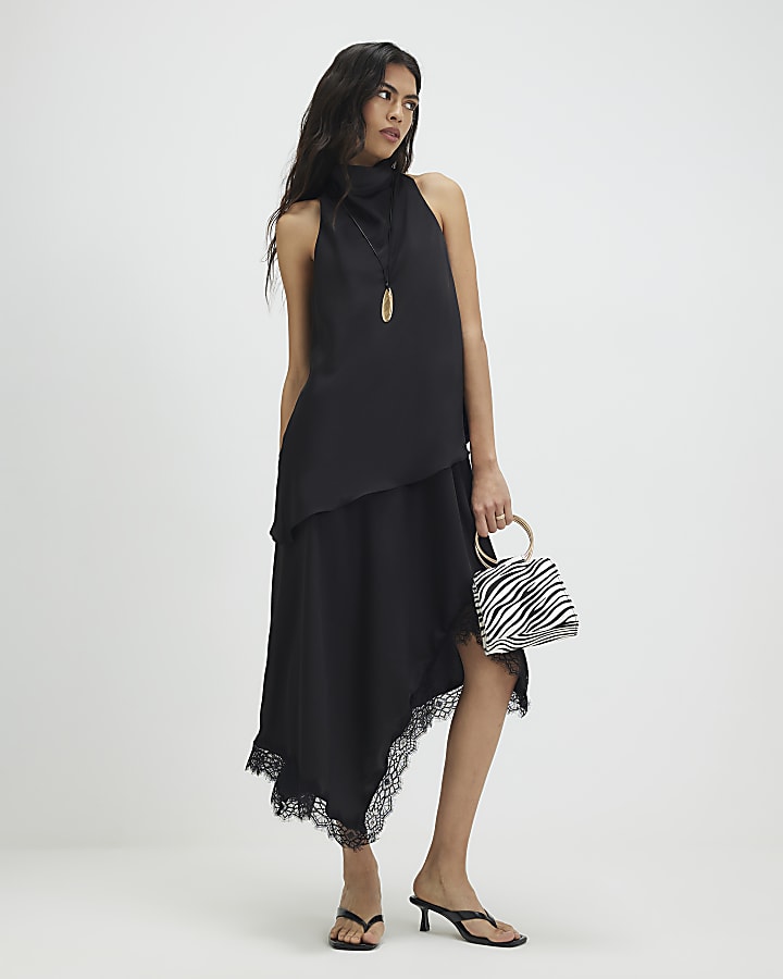 Black Lace Trim Asymmetric Dress