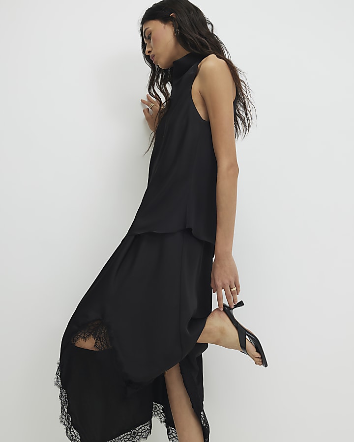 Black Lace Trim Asymmetric Dress