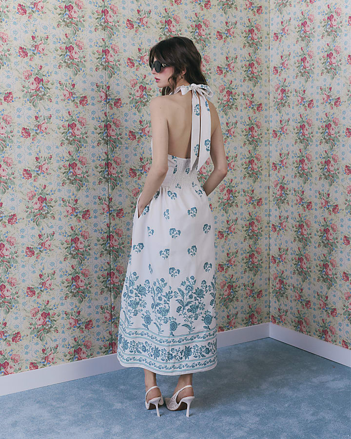 Cream Floral Halter Neck Maxi Shirt Dress