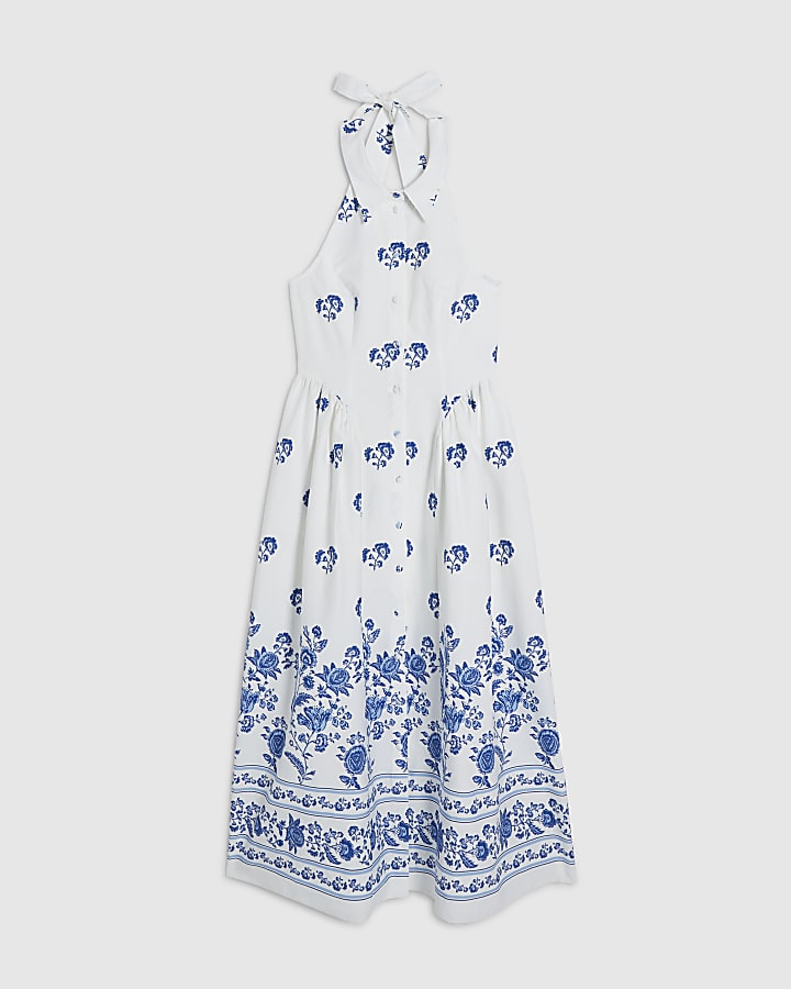 Cream Floral Halter Neck Maxi Shirt Dress