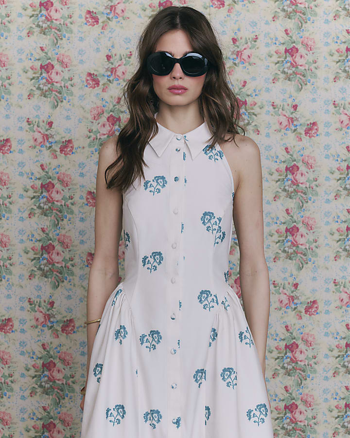 Cream Floral Halter Neck Maxi Shirt Dress