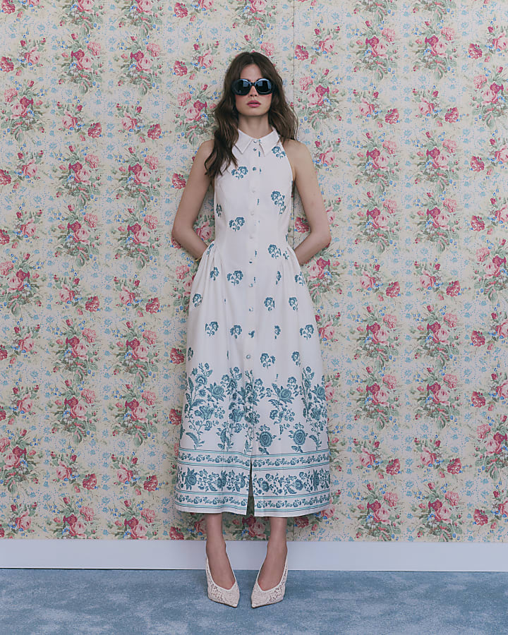 Cream Floral Halter Neck Maxi Shirt Dress