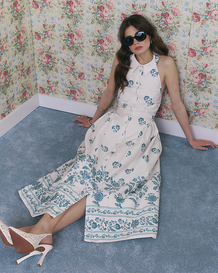 Cream Floral Halter Neck Maxi Shirt Dress