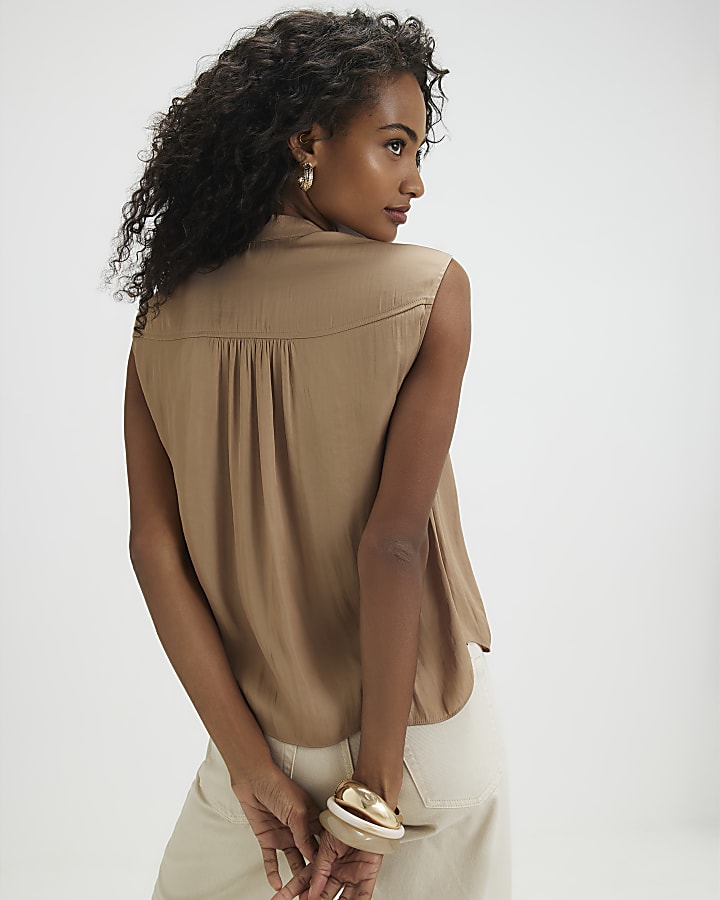 Beige Sleeveless Satin Blouse