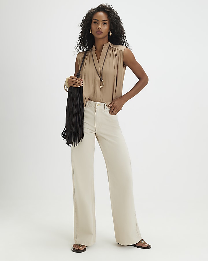 Beige Sleeveless Satin Blouse