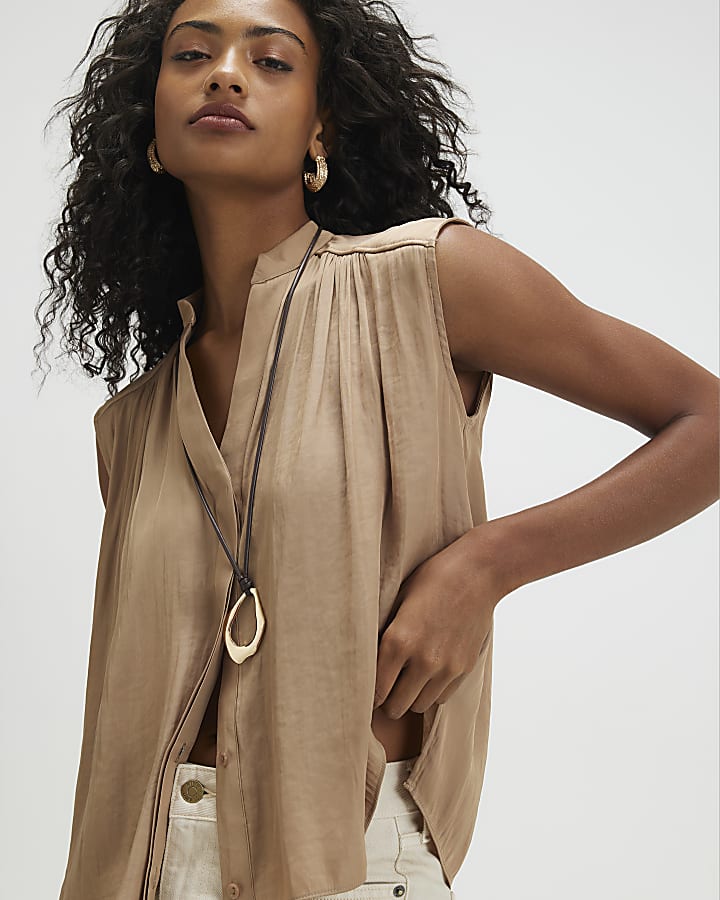 Beige Sleeveless Satin Blouse