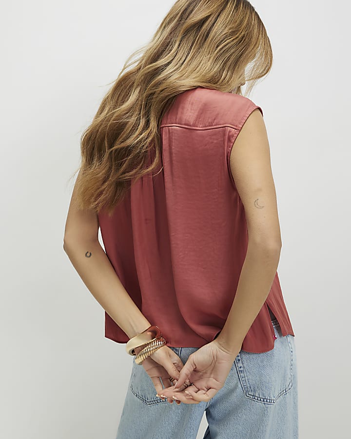 Orange Sleeveless Satin Blouse