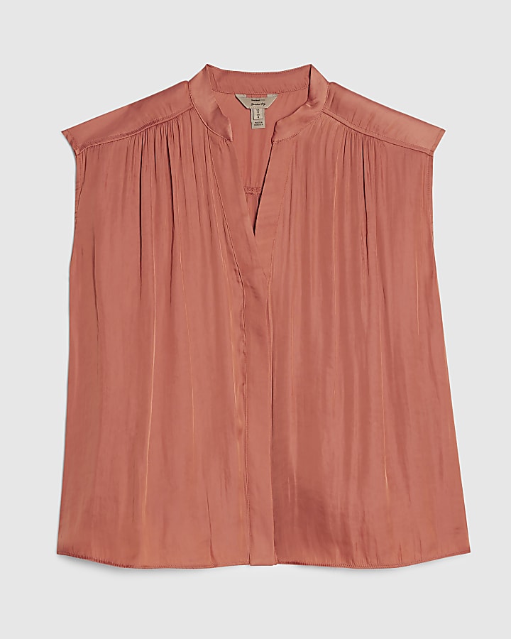 Orange Sleeveless Satin Blouse