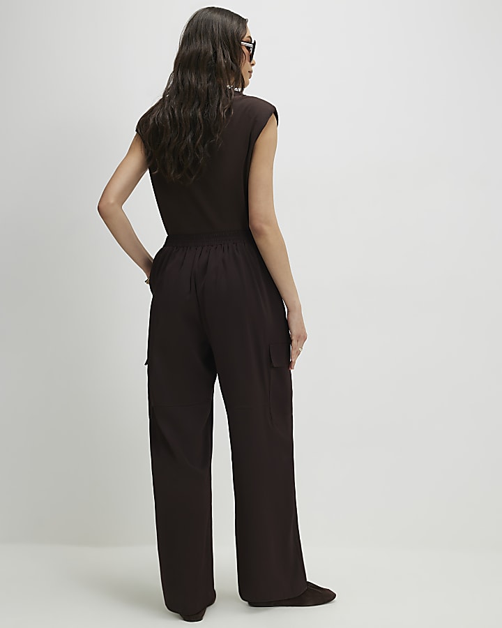 Brown Satin Wide Leg Cargo Trousers