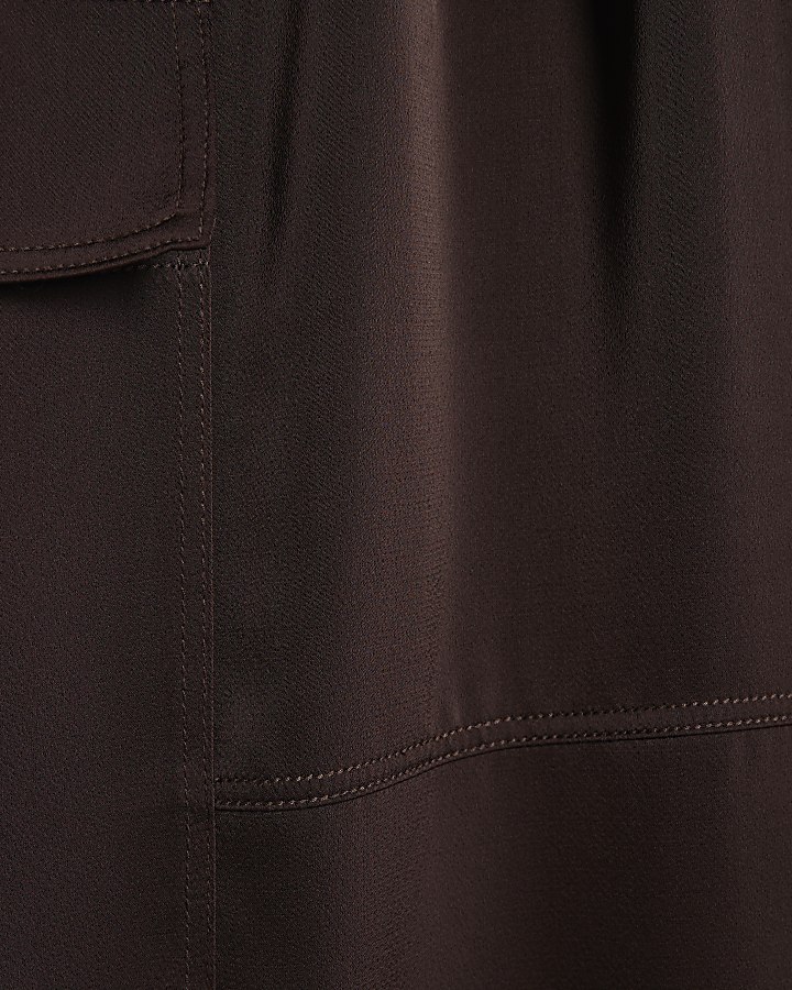 Brown Satin Wide Leg Cargo Trousers