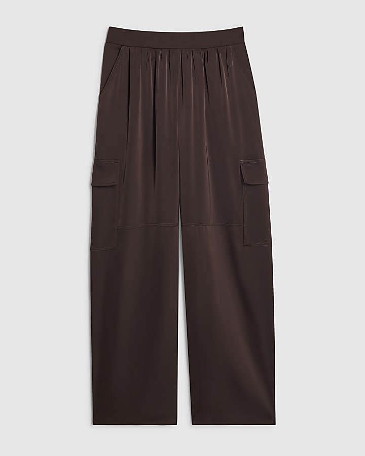 Brown Satin Wide Leg Cargo Trousers