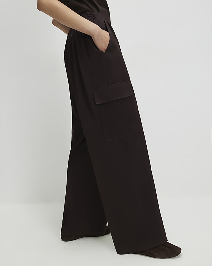 Brown Satin Wide Leg Cargo Trousers