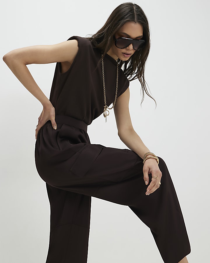 Brown Satin Wide Leg Cargo Trousers