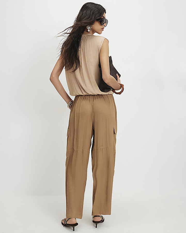 Beige Satin Cargo Trousers