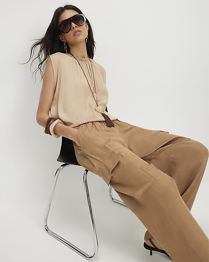 Beige Satin Cargo Trousers