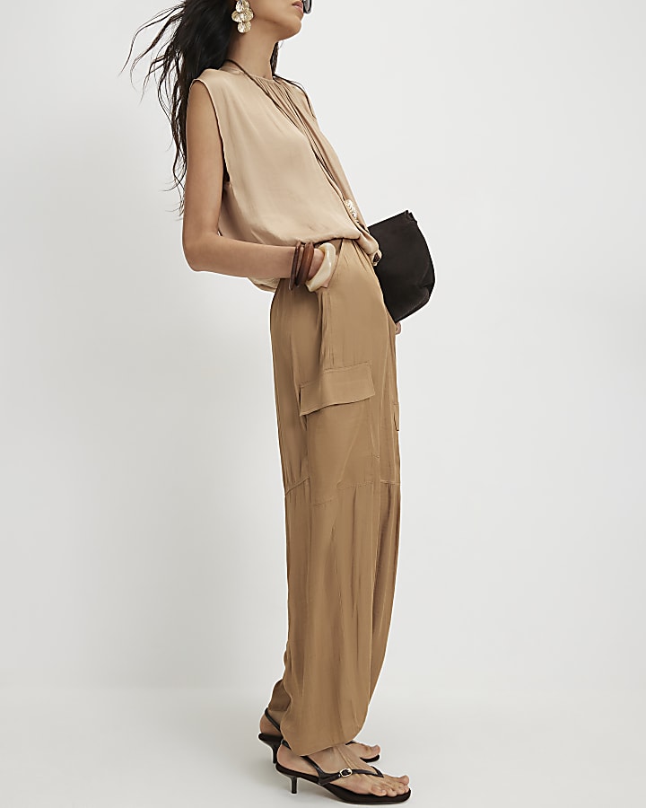 Beige Satin Cargo Trousers