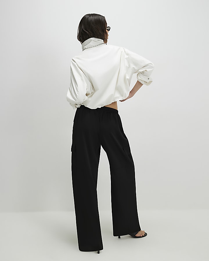 Black Satin Cargo Trousers