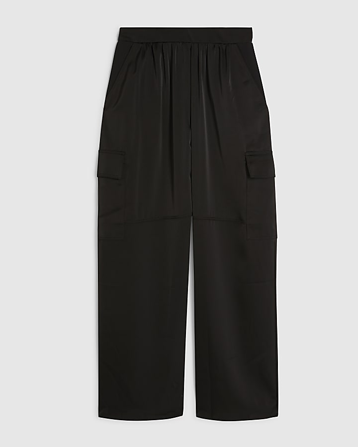 Black Satin Cargo Trousers