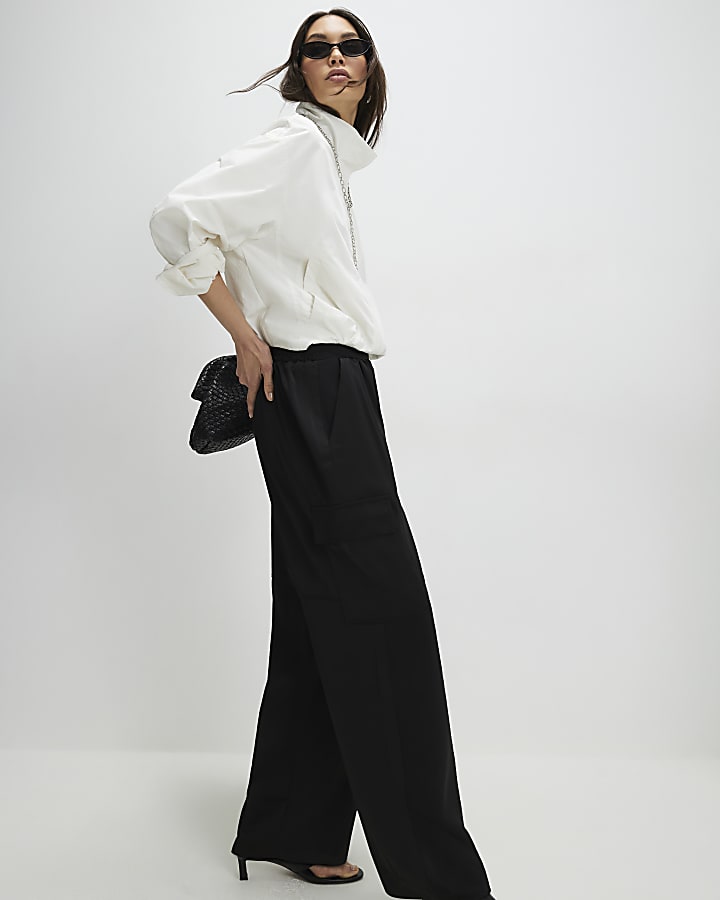 Black Satin Cargo Trousers