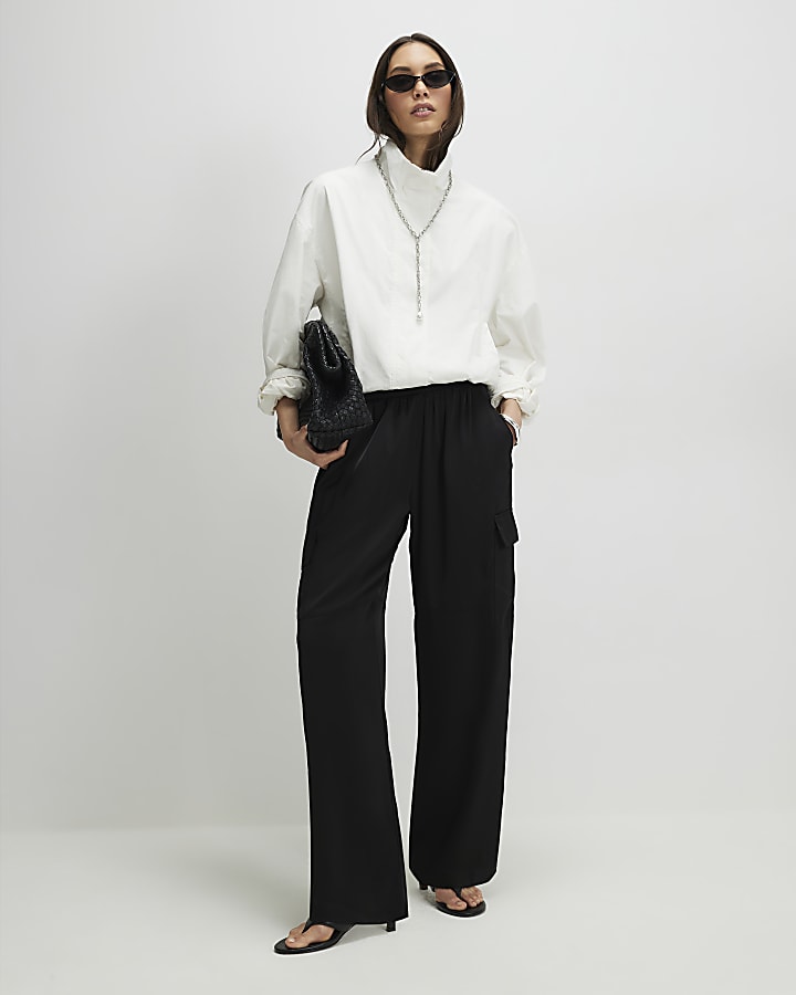 Black Satin Cargo Trousers