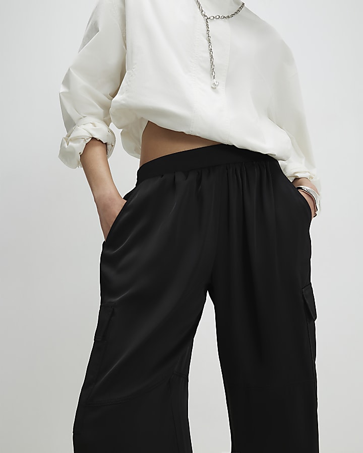 Black Satin Cargo Trousers