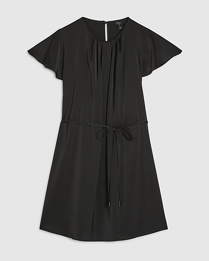 Black Short Sleeve Pleated Neck Mini Dress