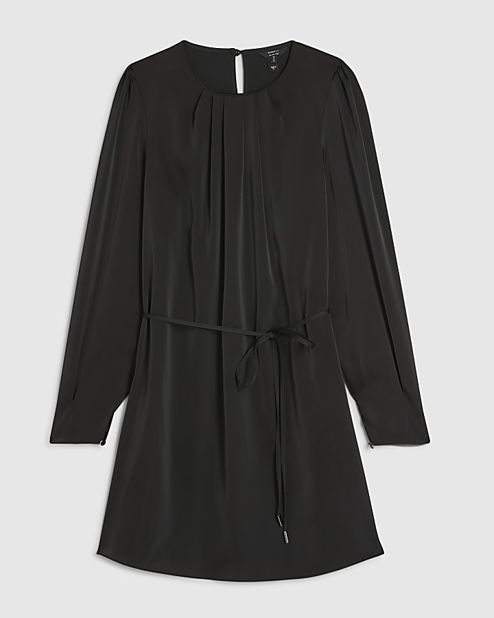 Black Pleated Neck Mini Shift Dress