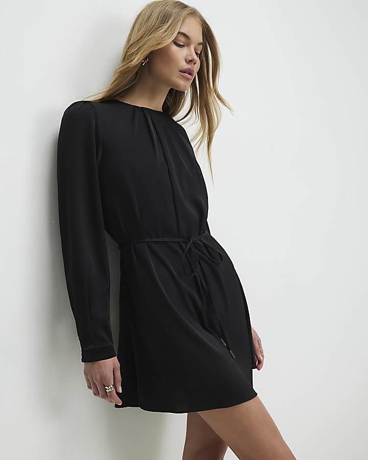 Black Pleated Neck Mini Shift Dress