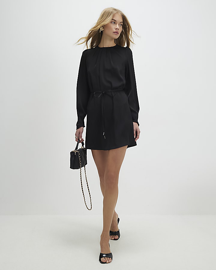 Black Pleated Neck Mini Shift Dress