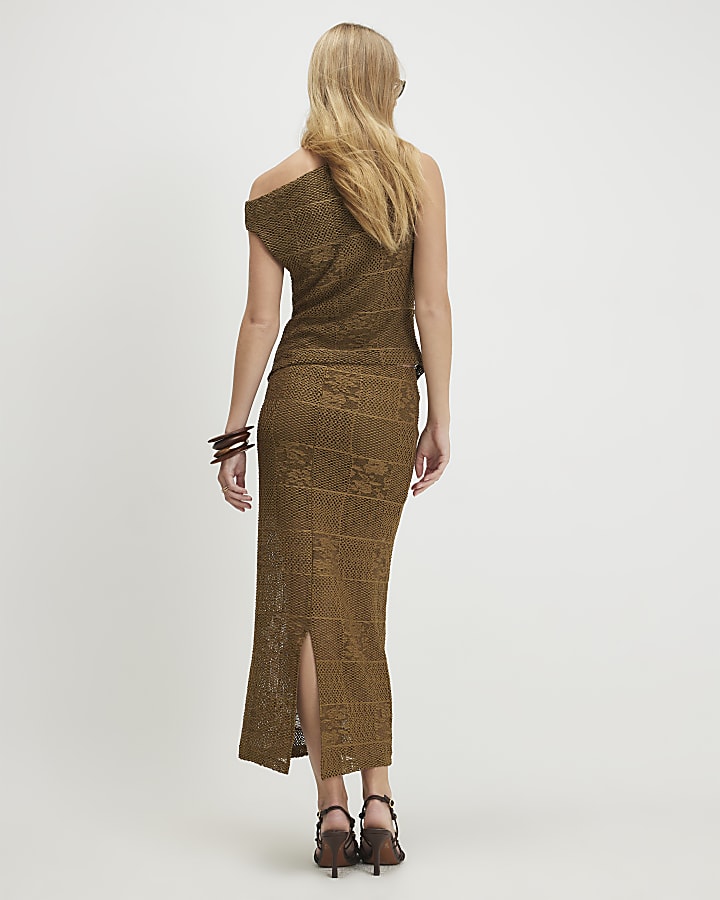 Khaki Lace Midi Skirt