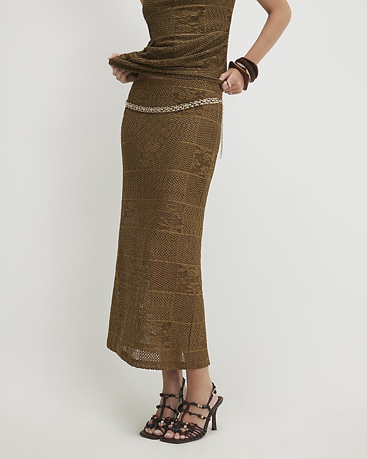 Khaki Lace Midi Skirt