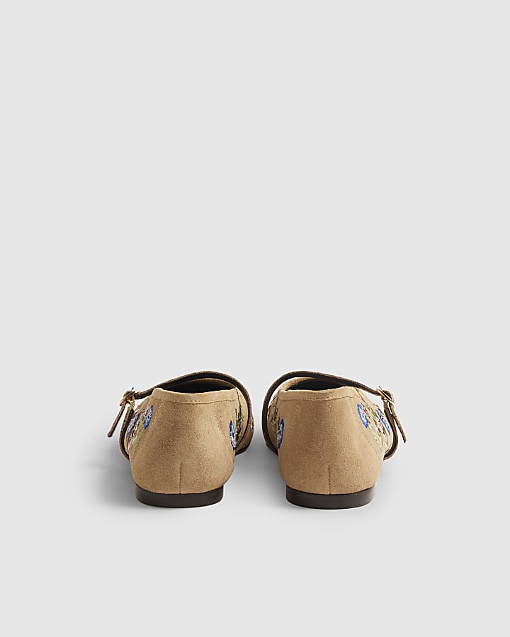 Beige Floral Embroidered Suede Ballet Flats