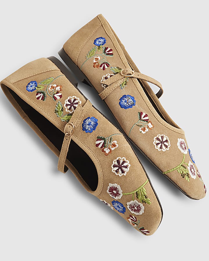 Beige Floral Embroidered Suede Ballet Flats