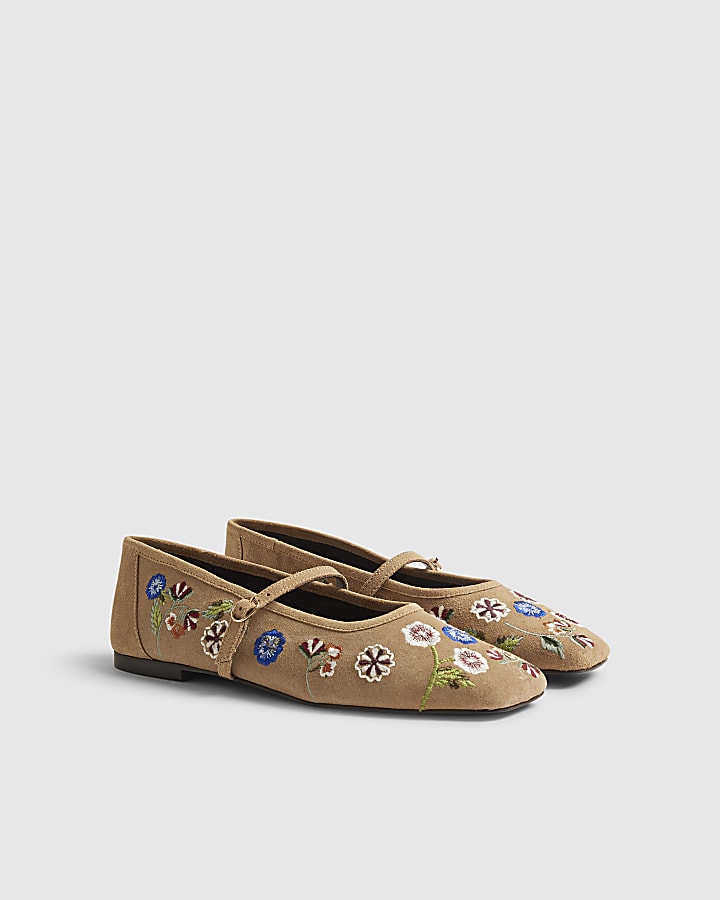 Beige Floral Embroidered Suede Ballet Flats