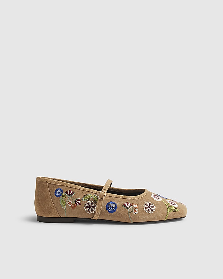Beige Floral Embroidered Suede Ballet Flats