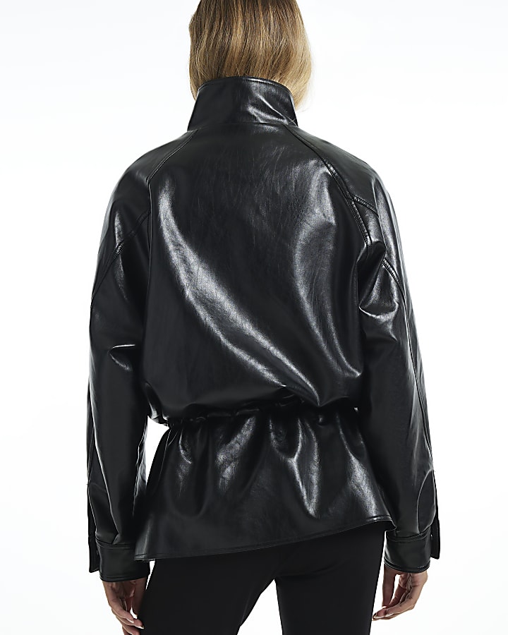 Black Layered Cinched Faux Leather Jacket