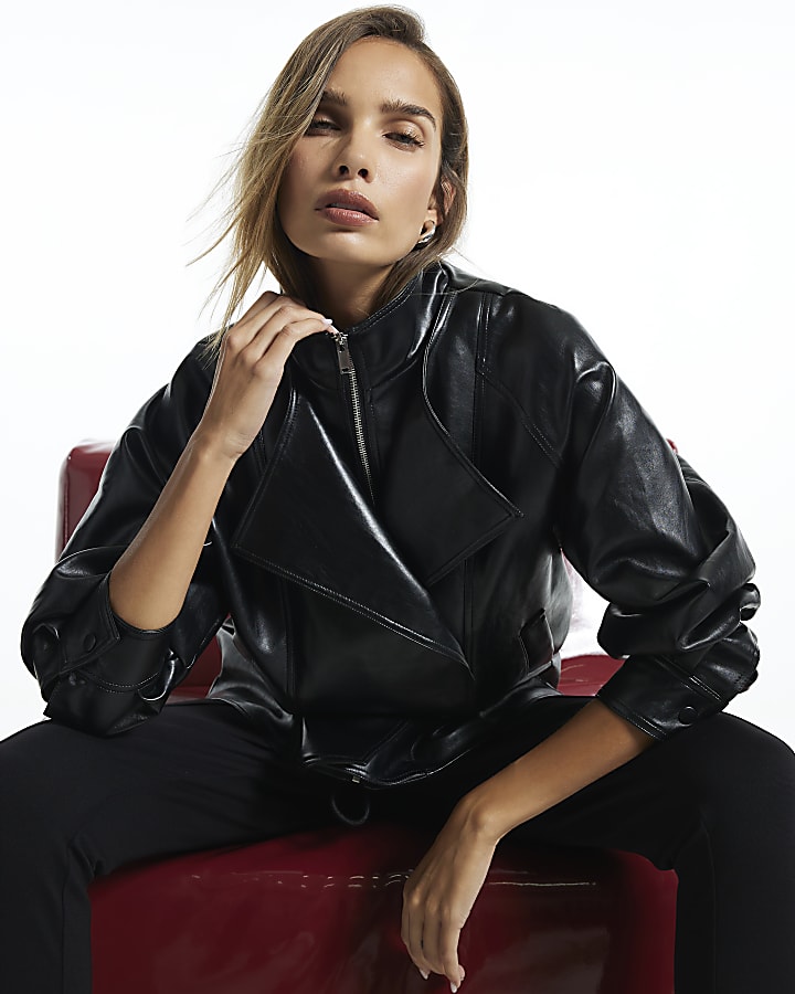 Black Layered Cinched Faux Leather Jacket