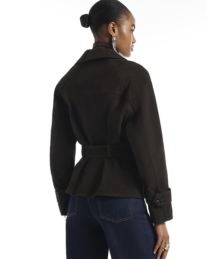 Brown Faux Suede Cropped Trench Jacket