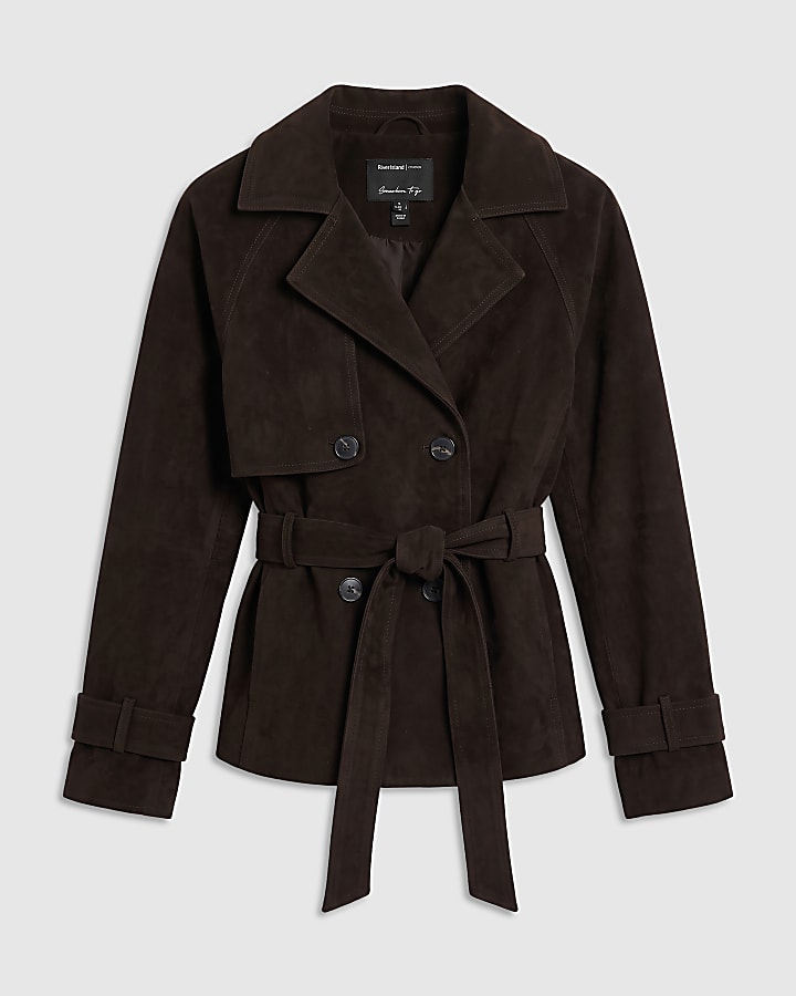 Brown Faux Suede Cropped Trench Jacket
