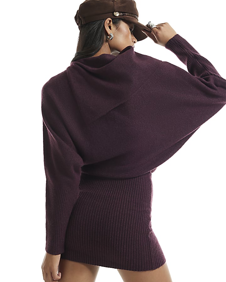 Burgundy Asymmetric Collar Mini Jumper Dress