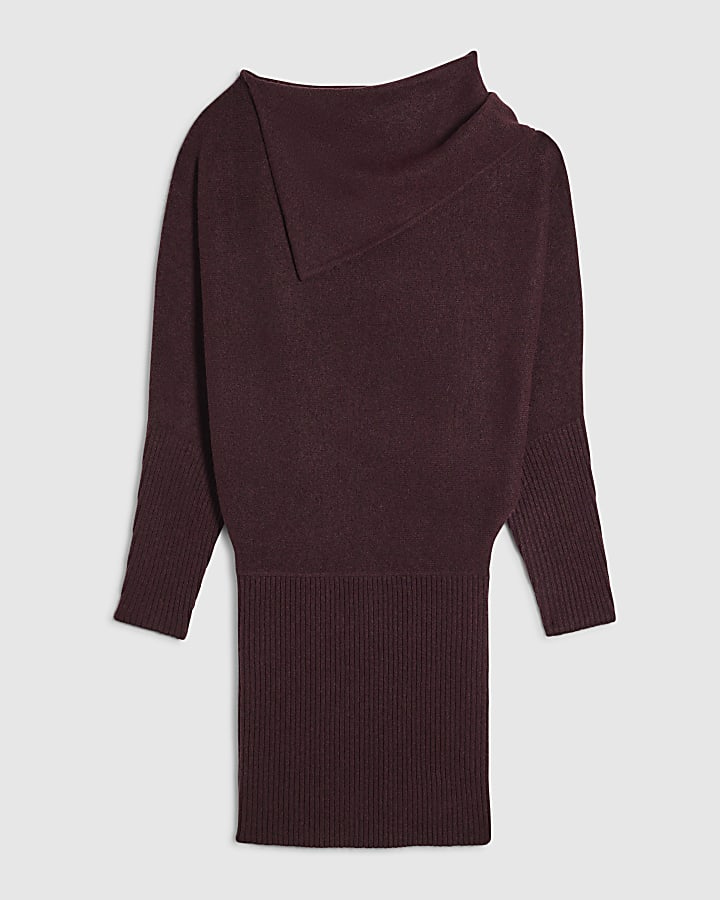 Burgundy Asymmetric Collar Mini Jumper Dress