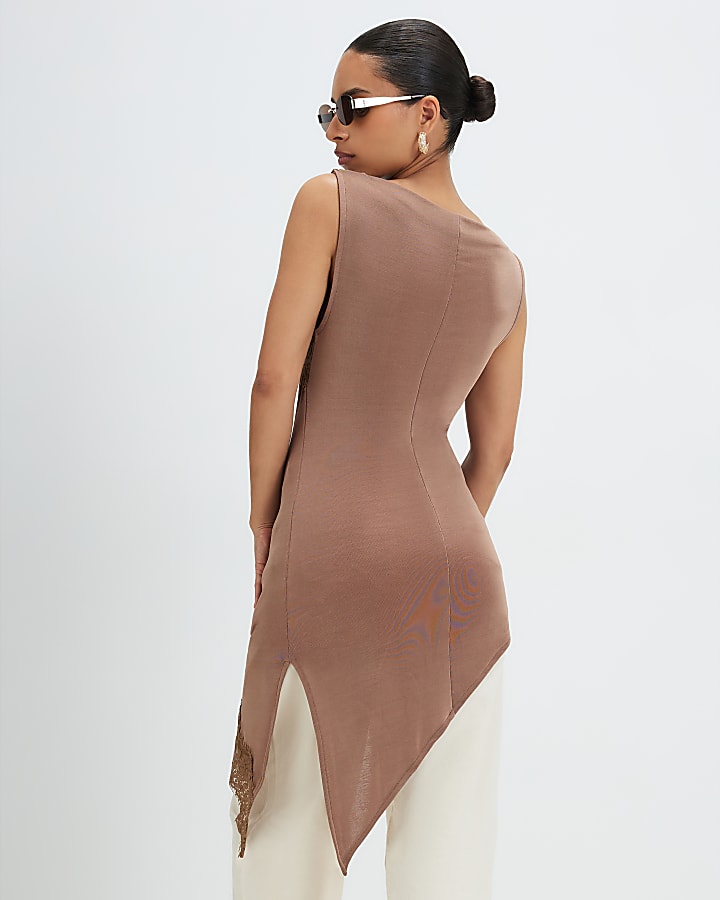 Petite Brown Lace Trim Asymmetric Tunic Top