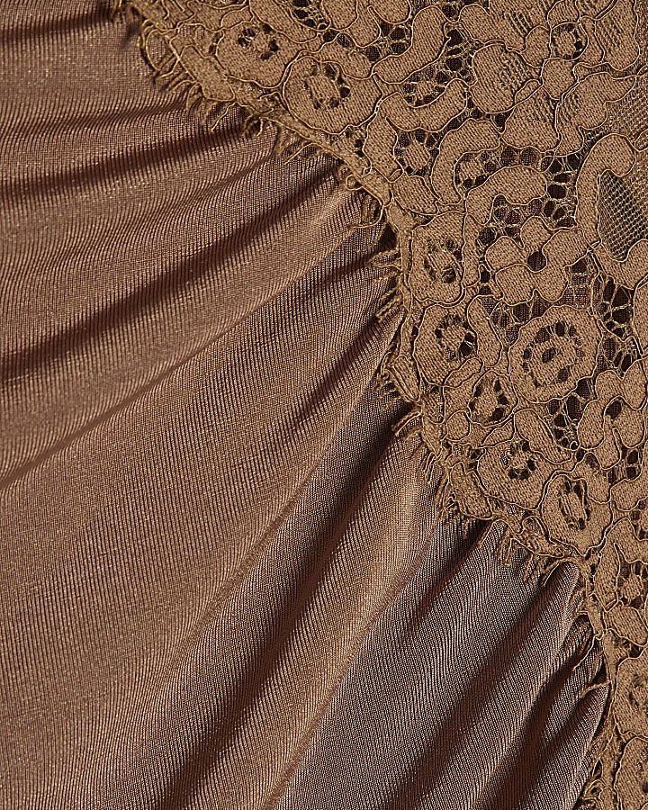 Petite Brown Lace Trim Asymmetric Tunic Top