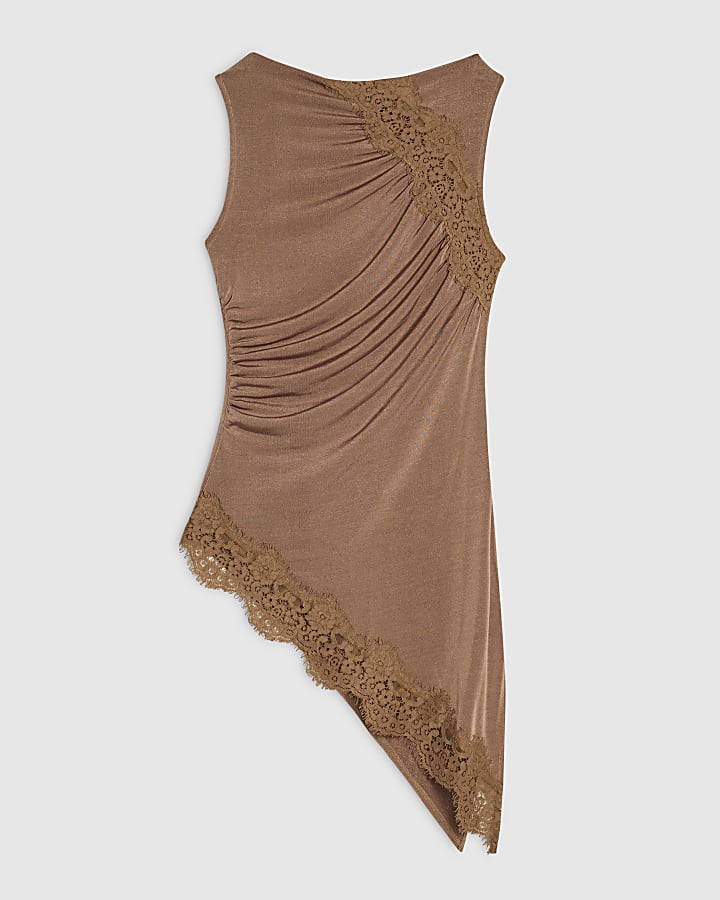 Petite Brown Lace Trim Asymmetric Tunic Top