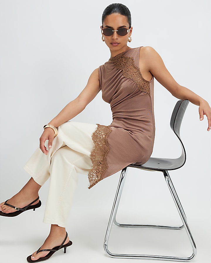 Petite Brown Lace Trim Asymmetric Tunic Top