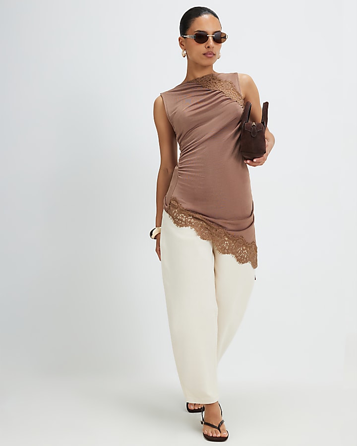 Petite Brown Lace Trim Asymmetric Tunic Top