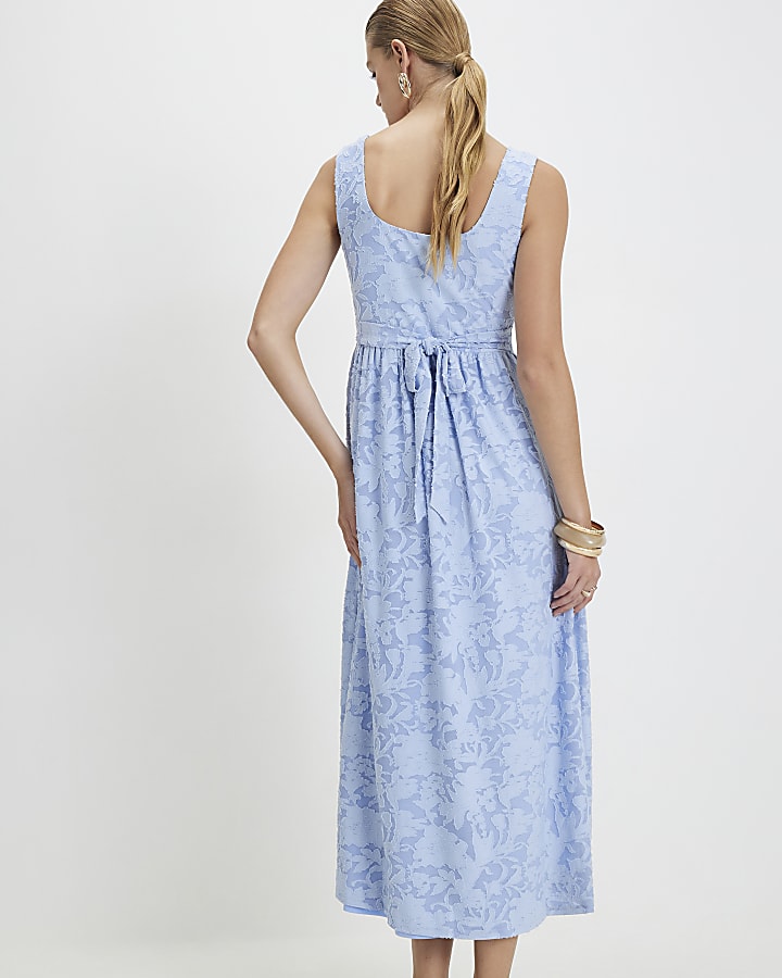 Blue Sleeveless Devore Burnout Midi Dress