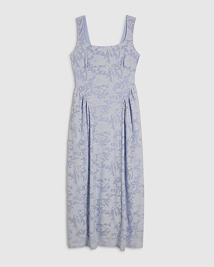 Blue Sleeveless Devore Burnout Midi Dress
